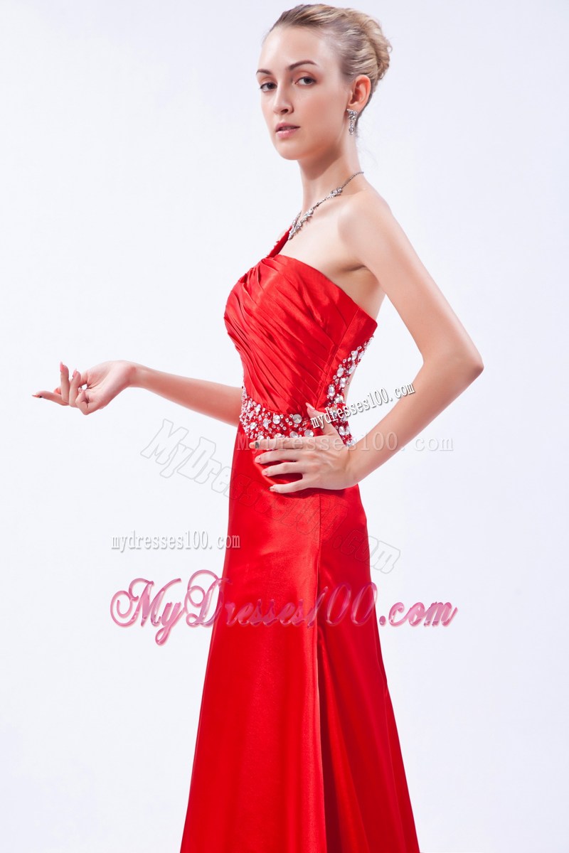 Red One Shoulder Beading and Ruche Decorated Prom Dress with Back Out
