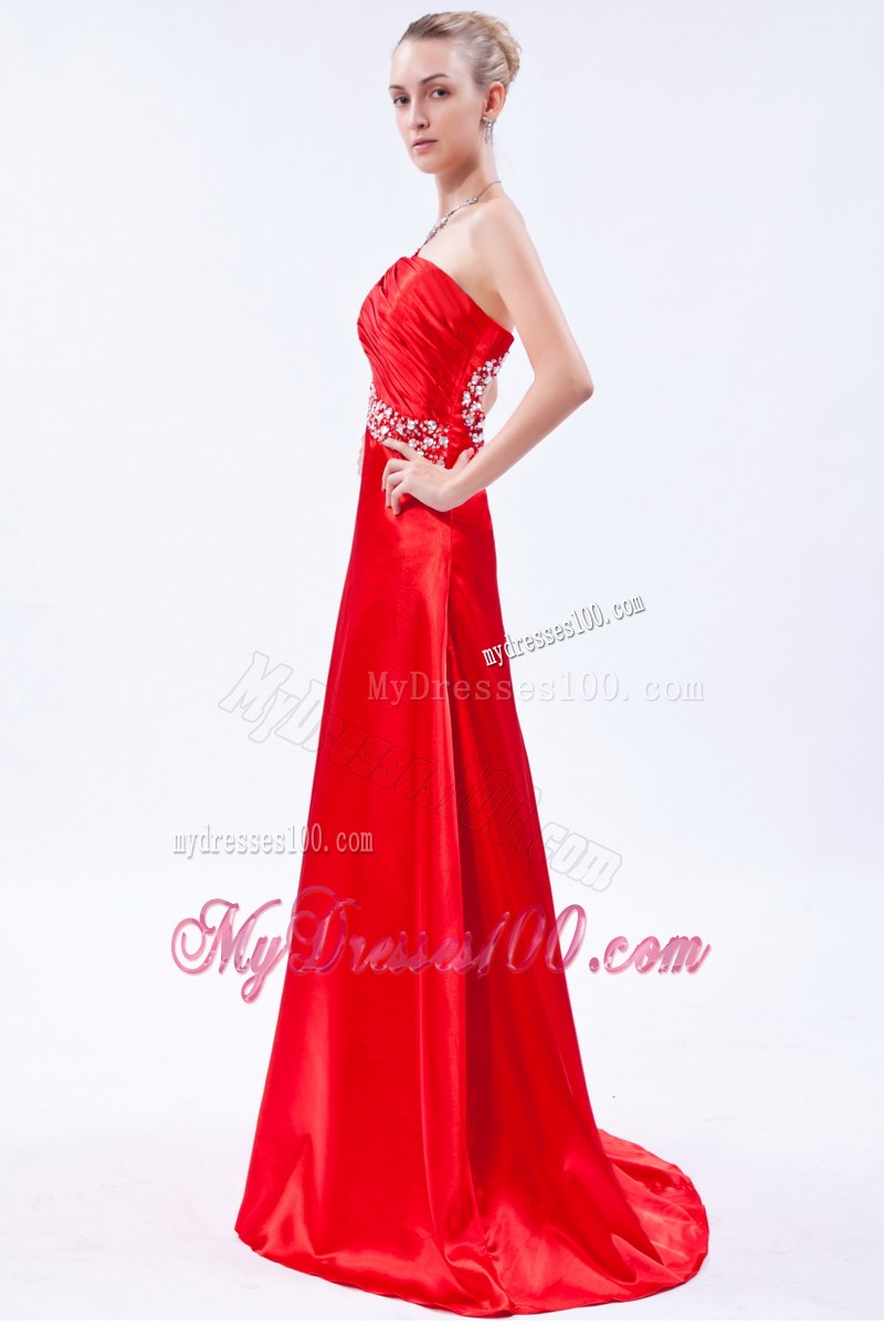 Red One Shoulder Beading and Ruche Decorated Prom Dress with Back Out