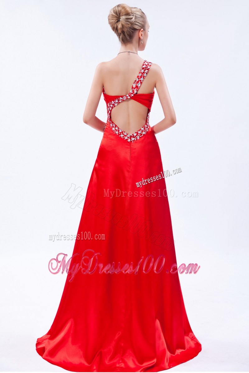 Red One Shoulder Beading and Ruche Decorated Prom Dress with Back Out