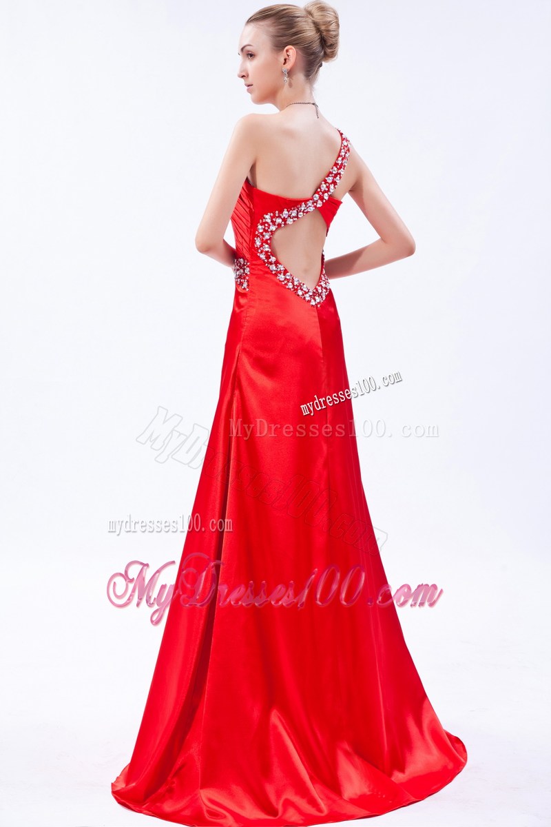 Red One Shoulder Beading and Ruche Decorated Prom Dress with Back Out