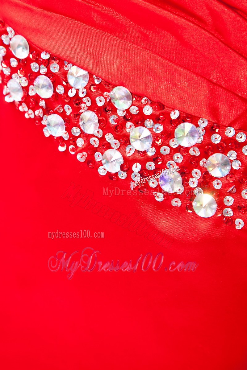 Red One Shoulder Beading and Ruche Decorated Prom Dress with Back Out
