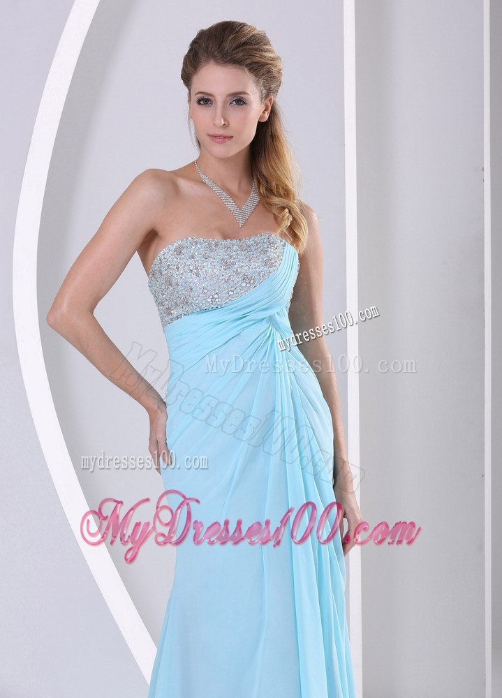 Hot Sale Brush Train Beaded Chiffon Prom Dresses in Aqua Blue