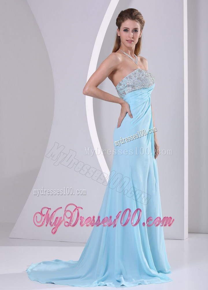 Hot Sale Brush Train Beaded Chiffon Prom Dresses in Aqua Blue
