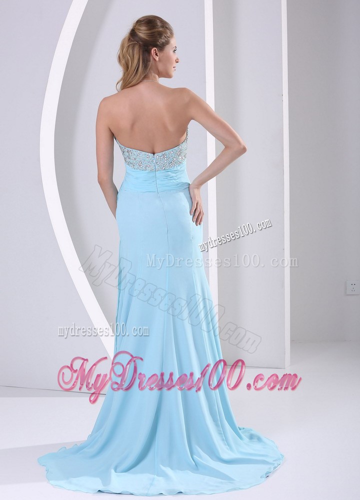 Hot Sale Brush Train Beaded Chiffon Prom Dresses in Aqua Blue