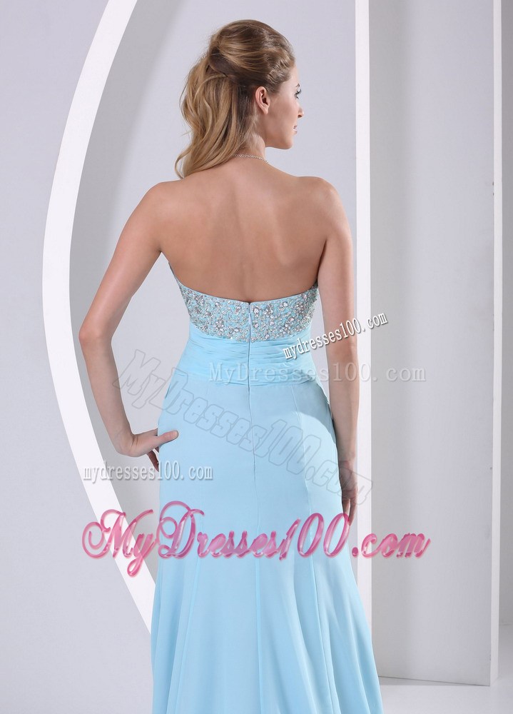 Hot Sale Brush Train Beaded Chiffon Prom Dresses in Aqua Blue