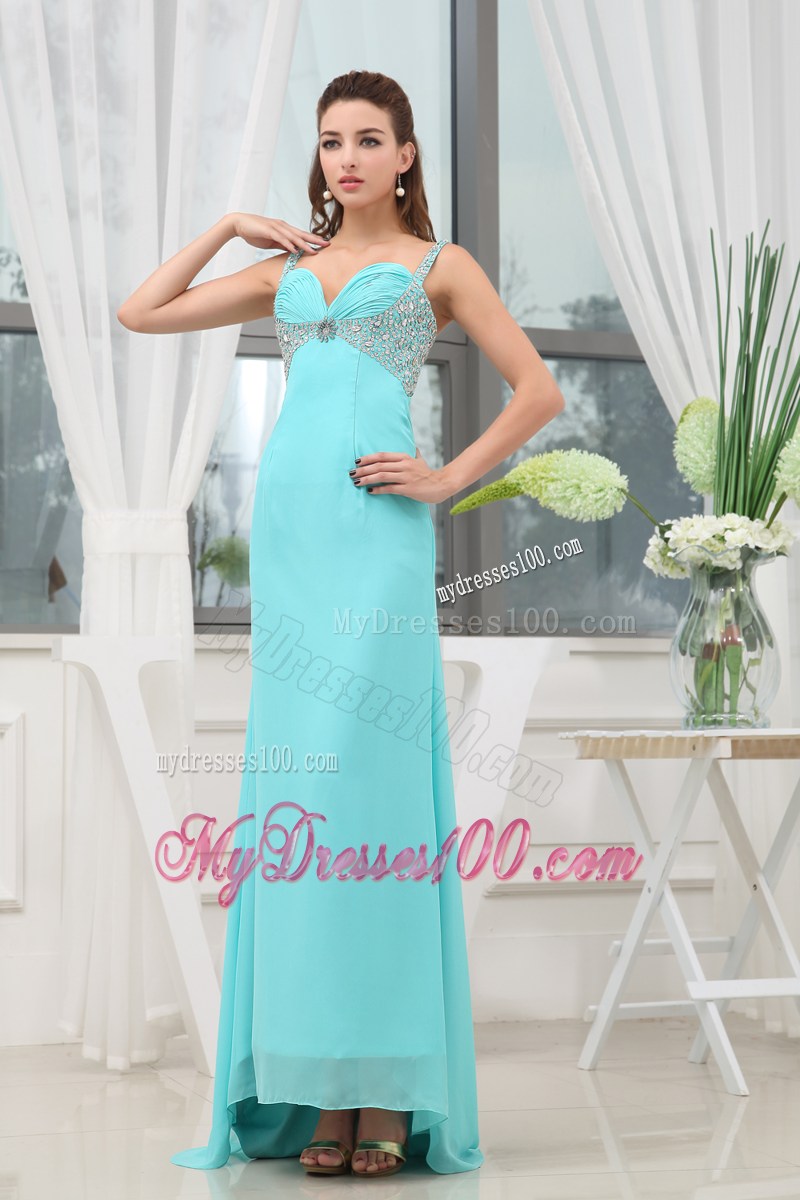 Sweetheart Straps Beaded Ankle-length Prom Dress in Aqua Blue