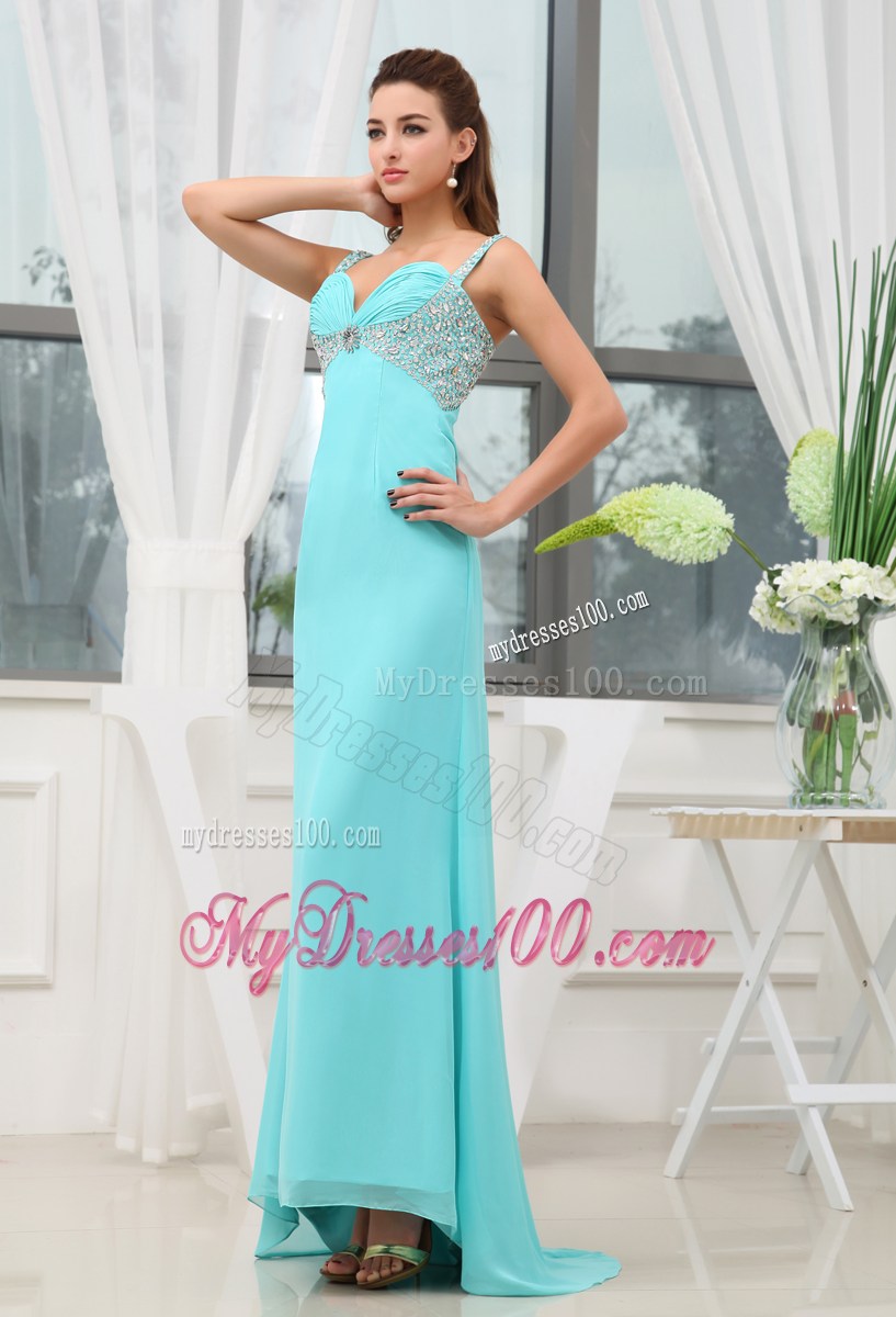 Sweetheart Straps Beaded Ankle-length Prom Dress in Aqua Blue