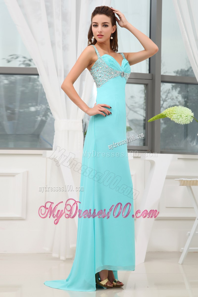 Sweetheart Straps Beaded Ankle-length Prom Dress in Aqua Blue