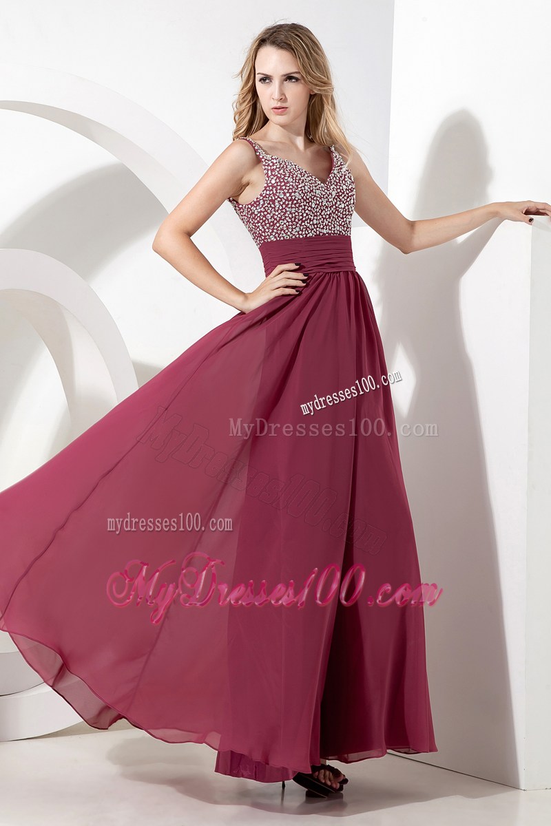 Beading and Straps Accent Burgundy Dresses for Prom of Floor-length