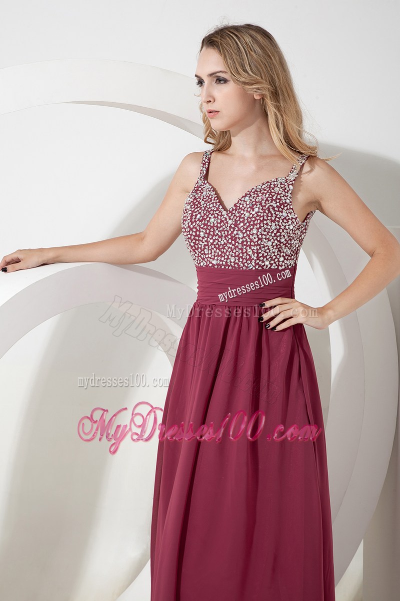 Beading and Straps Accent Burgundy Dresses for Prom of Floor-length