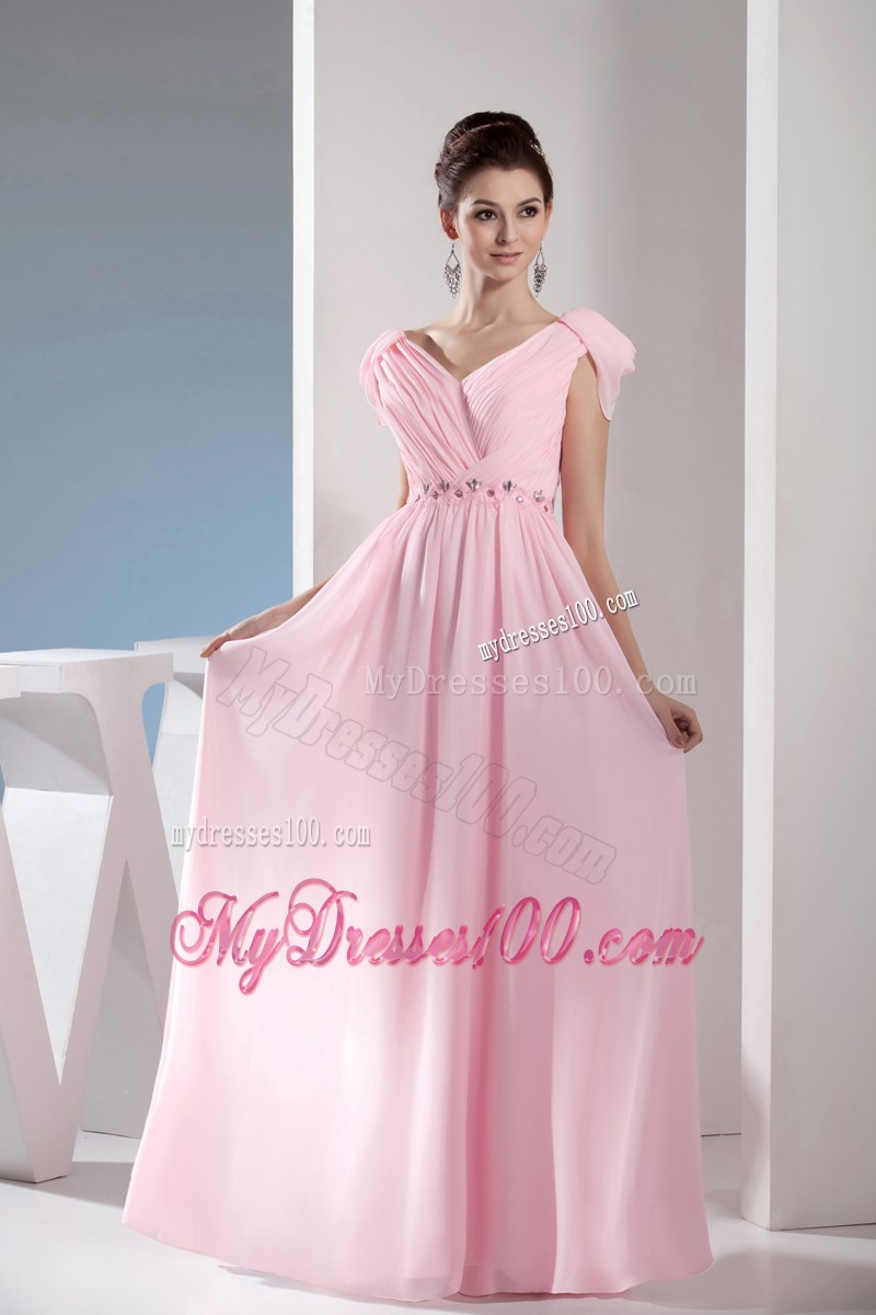 Beaded and Ruched Pink Long Prom Dress with Cap Sleeves and V-neckline