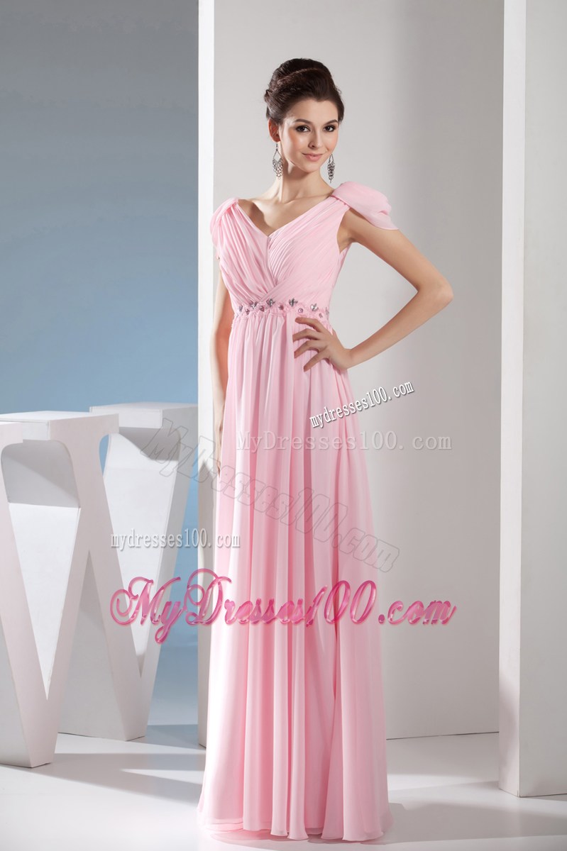 Beaded and Ruched Pink Long Prom Dress with Cap Sleeves and V-neckline
