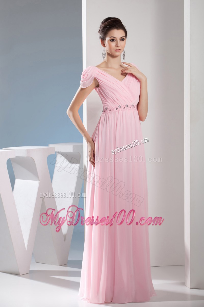 Beaded and Ruched Pink Long Prom Dress with Cap Sleeves and V-neckline
