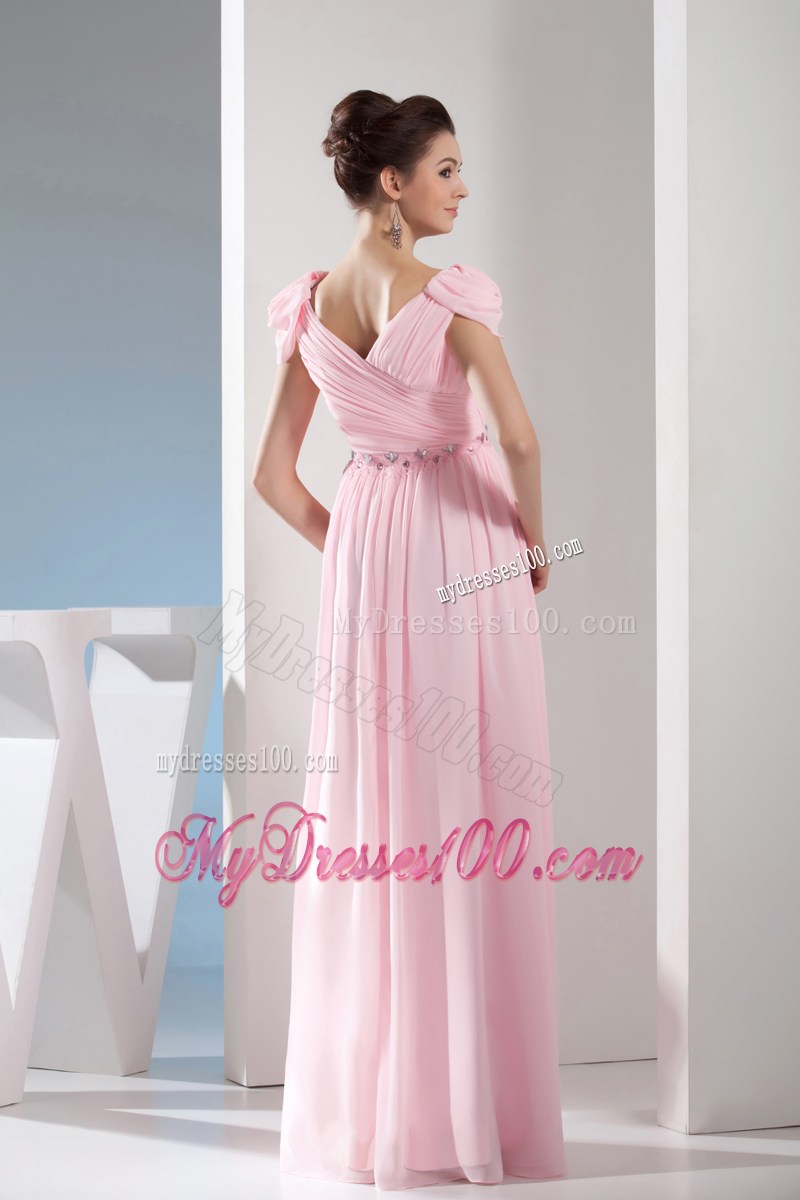 Beaded and Ruched Pink Long Prom Dress with Cap Sleeves and V-neckline