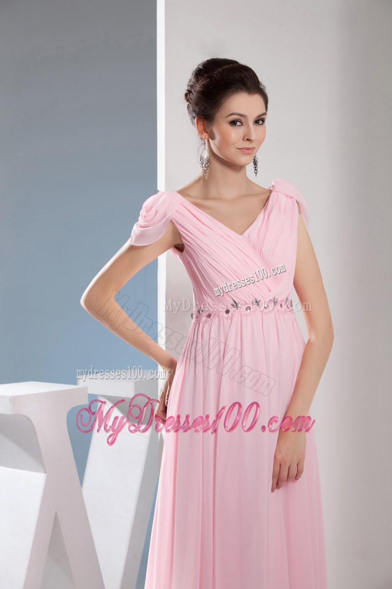 Beaded and Ruched Pink Long Prom Dress with Cap Sleeves and V-neckline