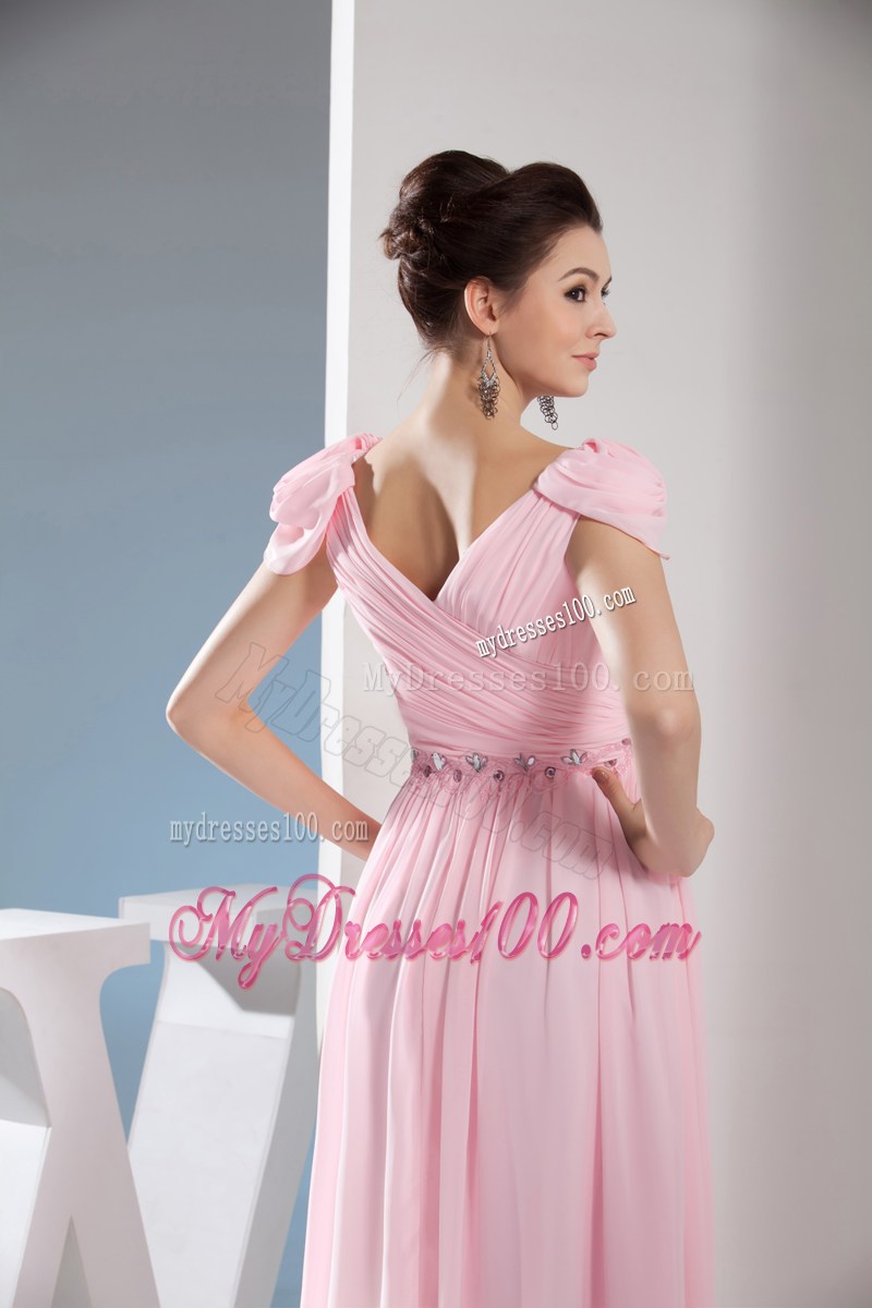 Beaded and Ruched Pink Long Prom Dress with Cap Sleeves and V-neckline