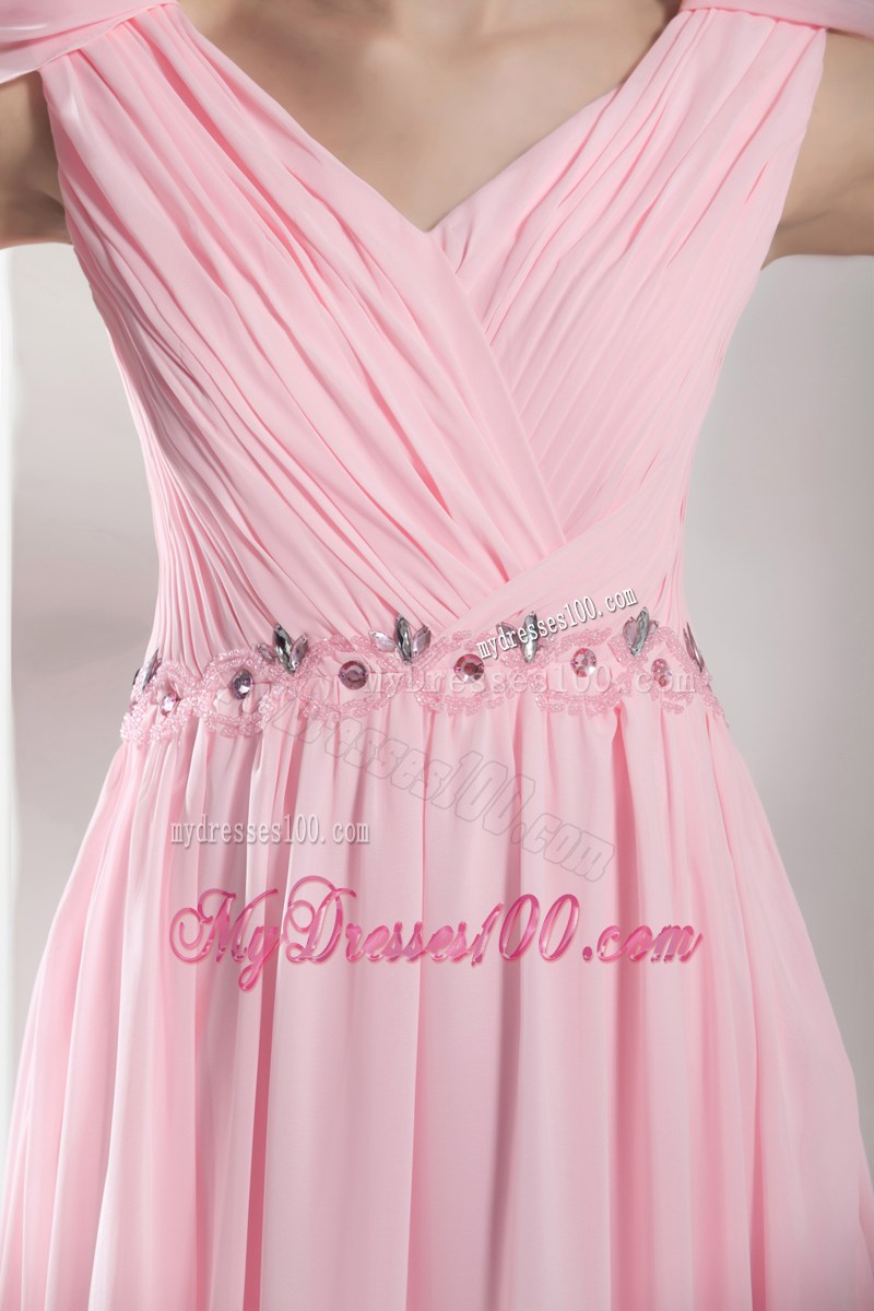 Beaded and Ruched Pink Long Prom Dress with Cap Sleeves and V-neckline