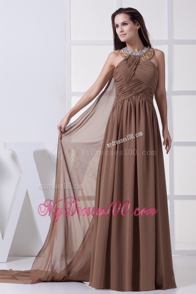 Beading and Ruching Brown Watteau Train Prom Dress