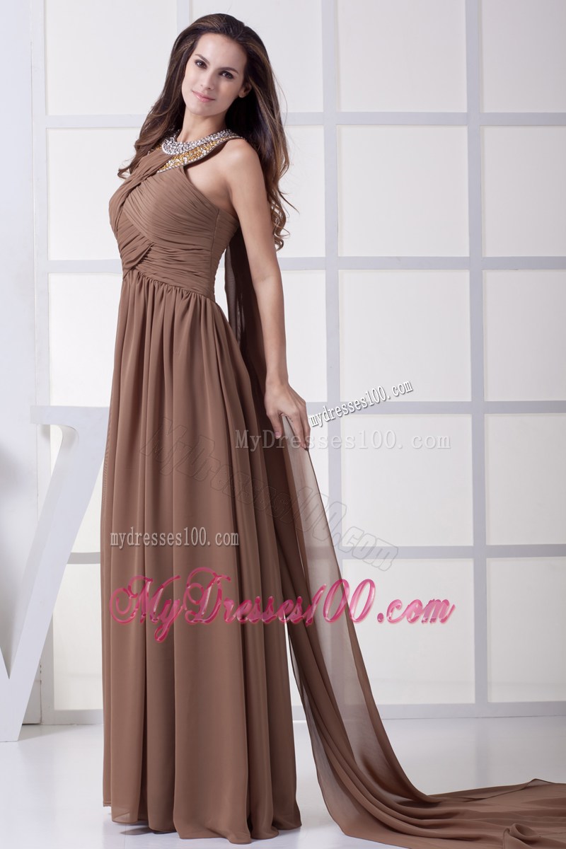 Beaded High-neck Brown Chiffon Prom Dress with Ruches and Watteau Train
