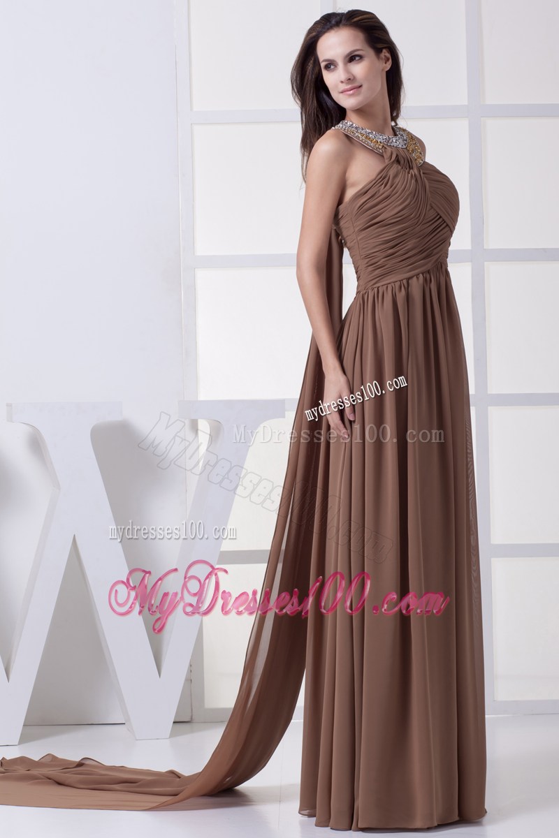 Beaded High-neck Brown Chiffon Prom Dress with Ruches and Watteau Train