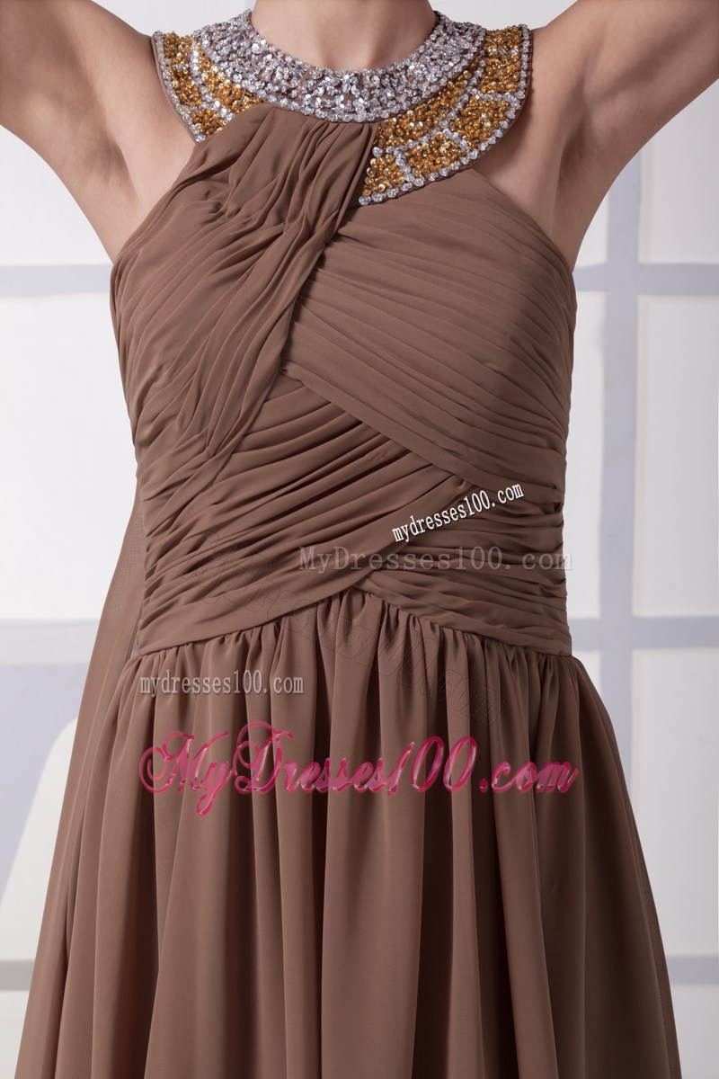 Beaded High-neck Brown Chiffon Prom Dress with Ruches and Watteau Train