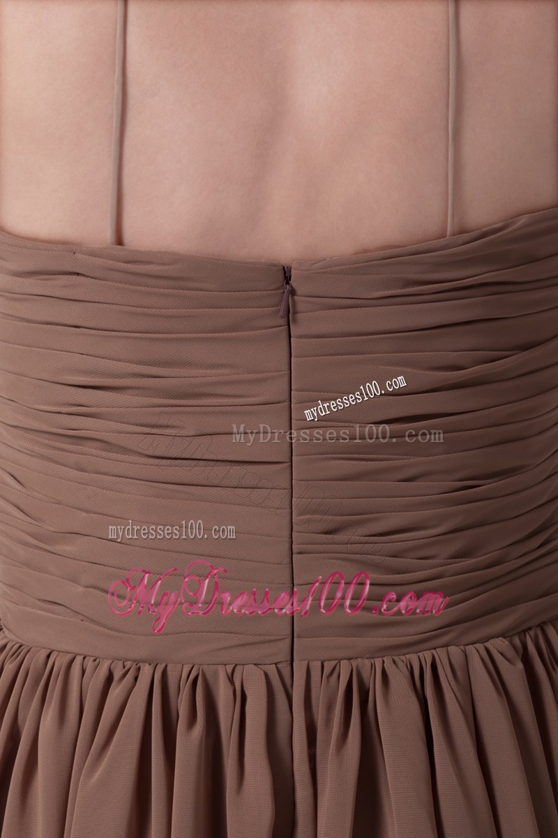 Beading and Ruching Brown Watteau Train Prom Dress