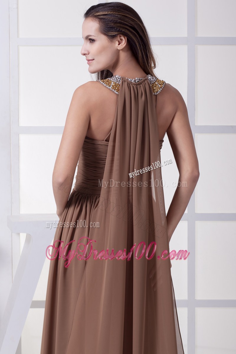 Beading and Ruching Brown Watteau Train Prom Dress