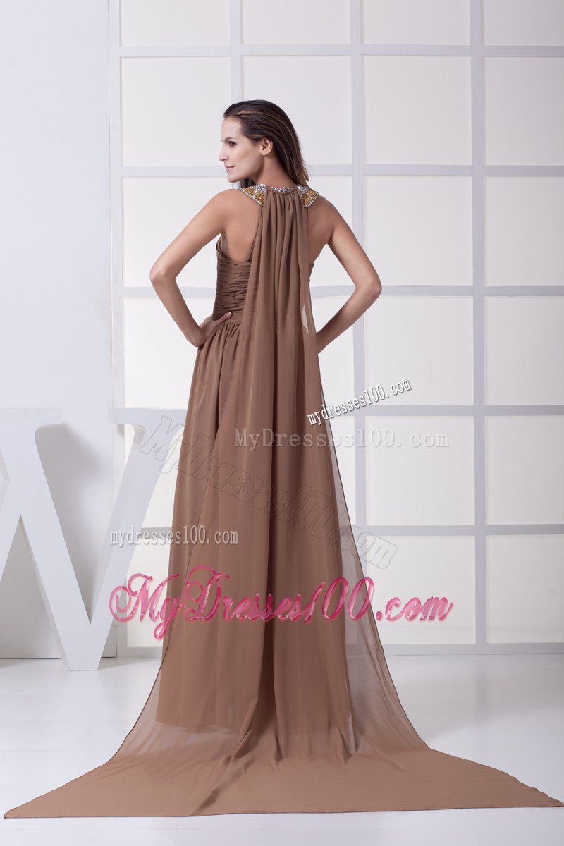 Beading and Ruching Brown Watteau Train Prom Dress
