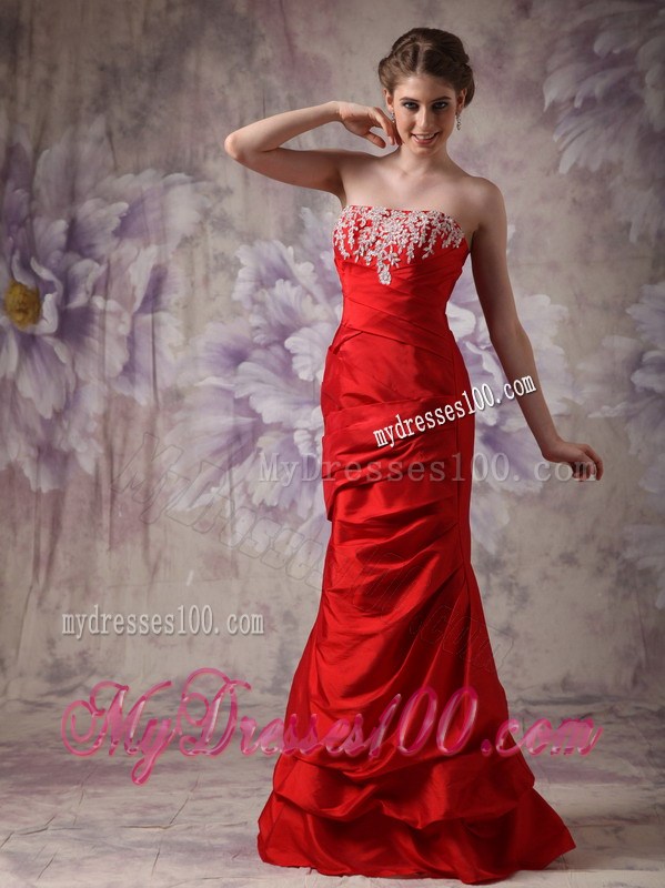 Floor-length Red Column Strapless Taffeta Prom Evening Dress with Beading
