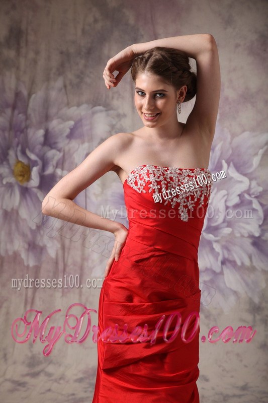 Floor-length Red Column Strapless Taffeta Prom Evening Dress with Beading