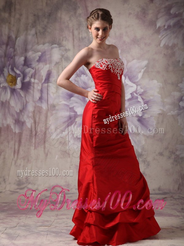 Floor-length Red Column Strapless Taffeta Prom Evening Dress with Beading