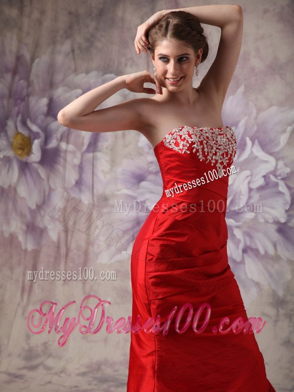 Floor-length Red Column Strapless Taffeta Prom Evening Dress with Beading