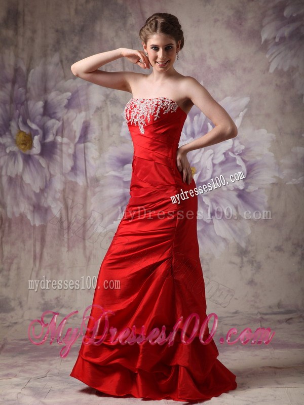 Floor-length Red Column Strapless Taffeta Prom Evening Dress with Beading