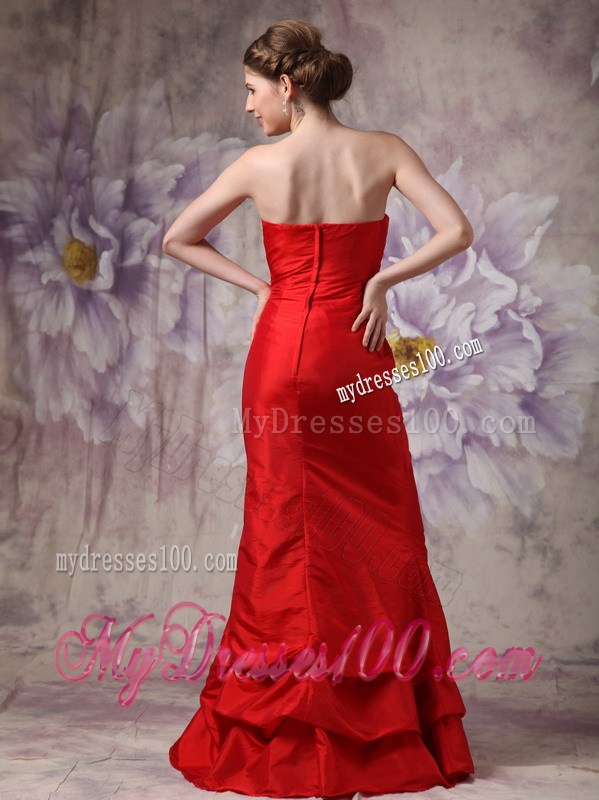 Floor-length Red Column Strapless Taffeta Prom Evening Dress with Beading