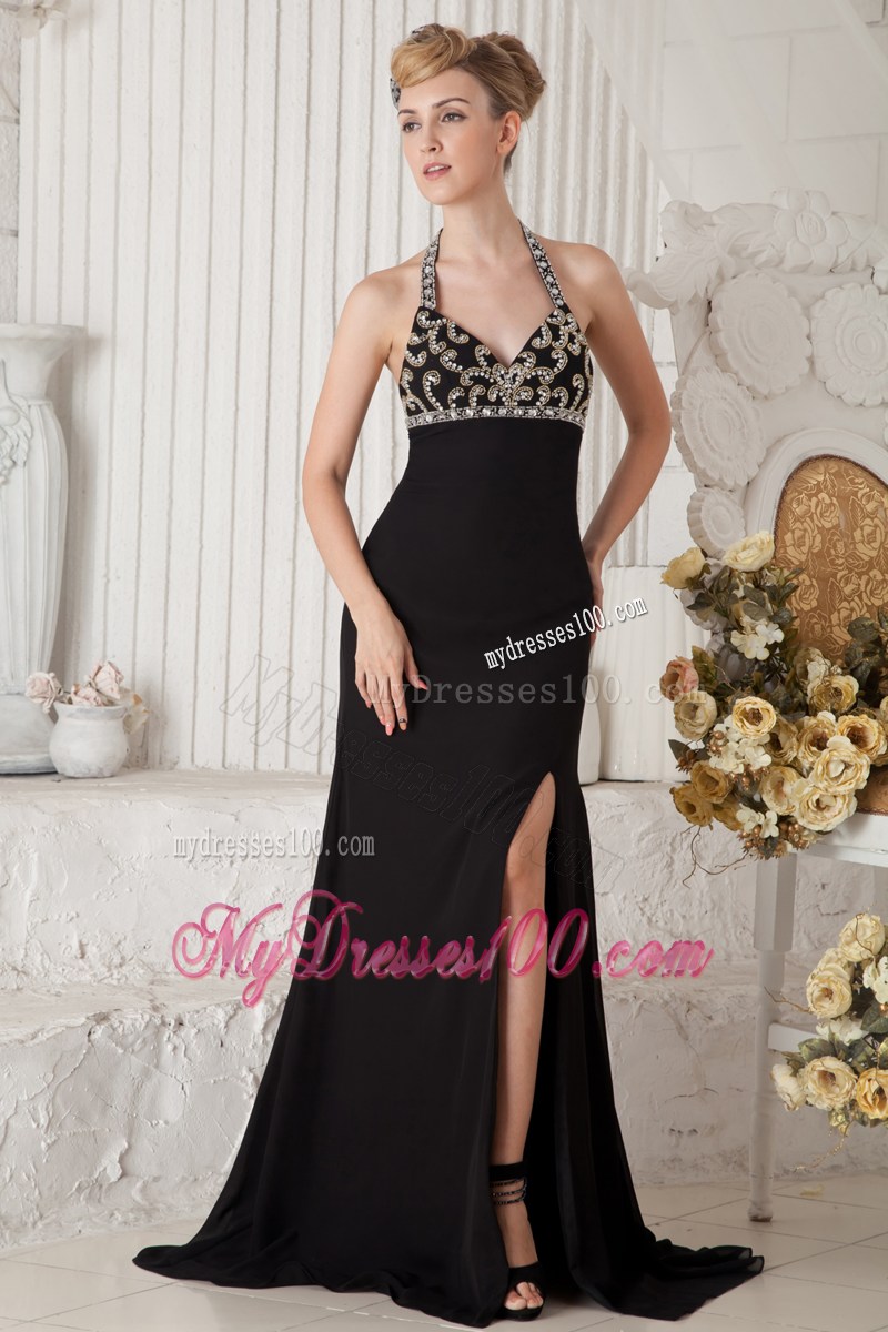 Black Empire Halter Beading Decorated Brush Train Prom Gown with V-neck