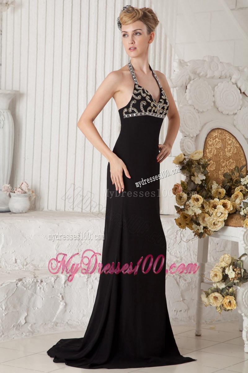 Black Empire Halter Beading Decorated Brush Train Prom Gown with V-neck