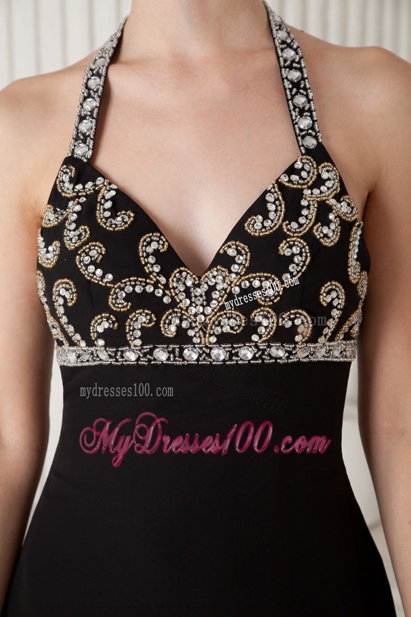 Black Empire Halter Beading Decorated Brush Train Prom Gown with V-neck