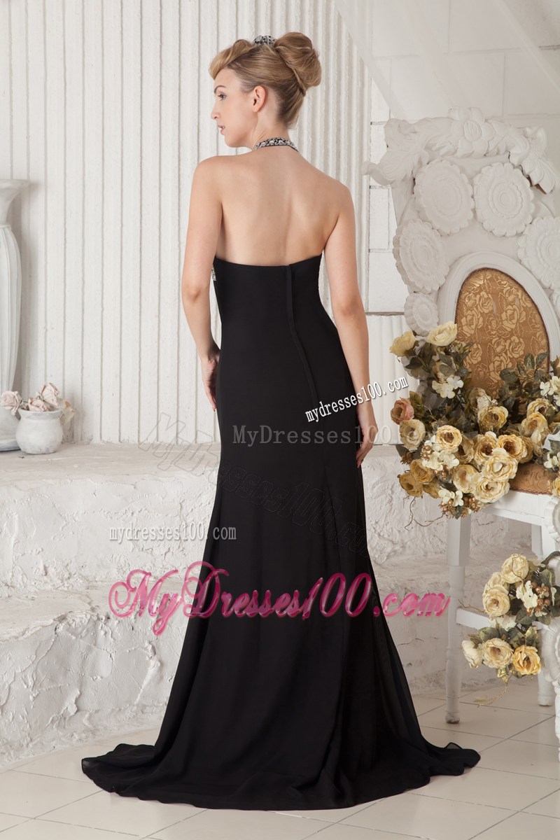 Black Empire Halter Beading Decorated Brush Train Prom Gown with V-neck