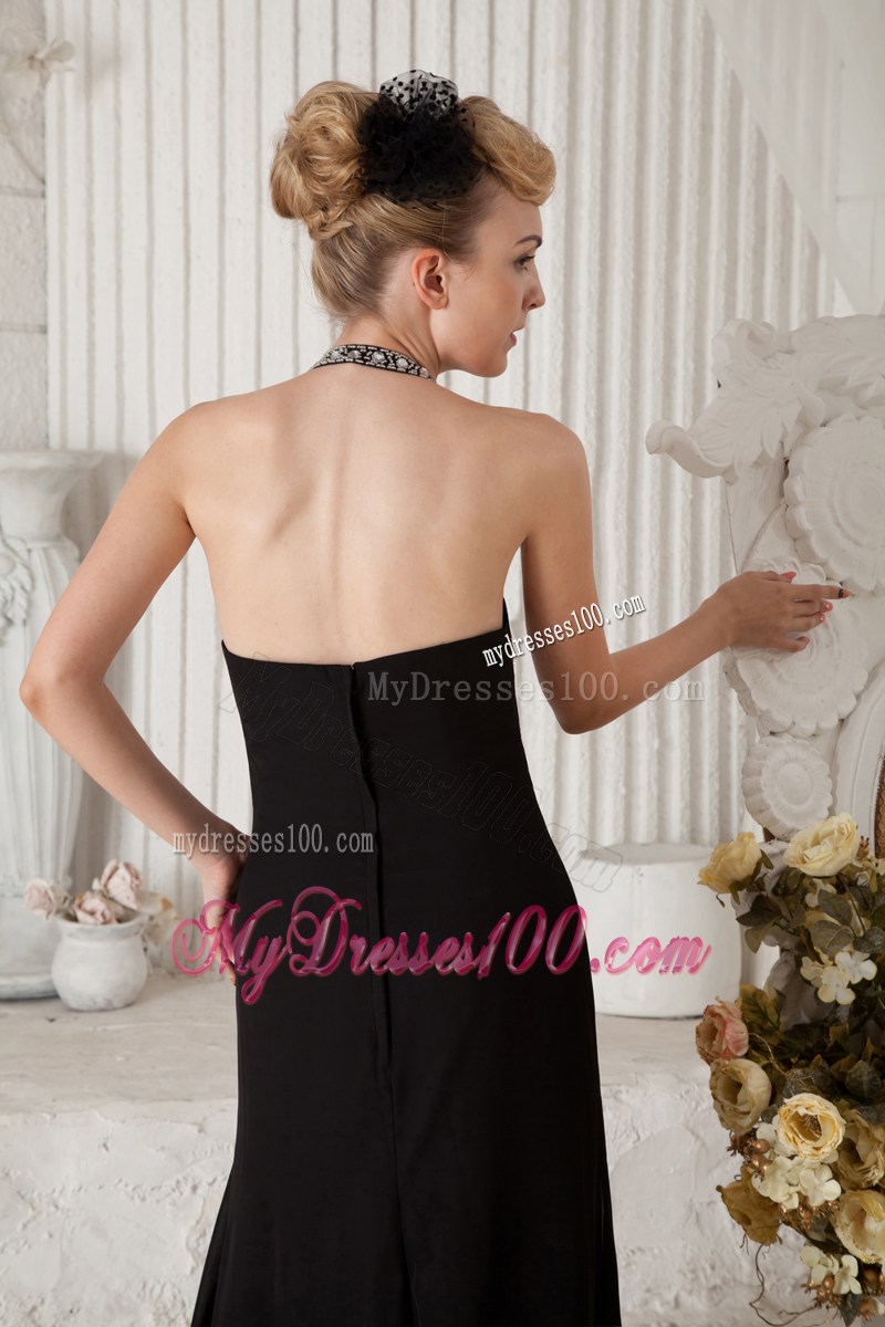 Black Empire Halter Beading Decorated Brush Train Prom Gown with V-neck
