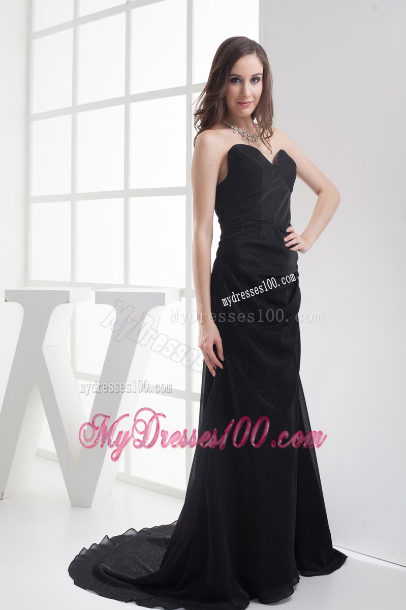 Sweetheart Strapless Black A-line Prom Dresses with Brush Train