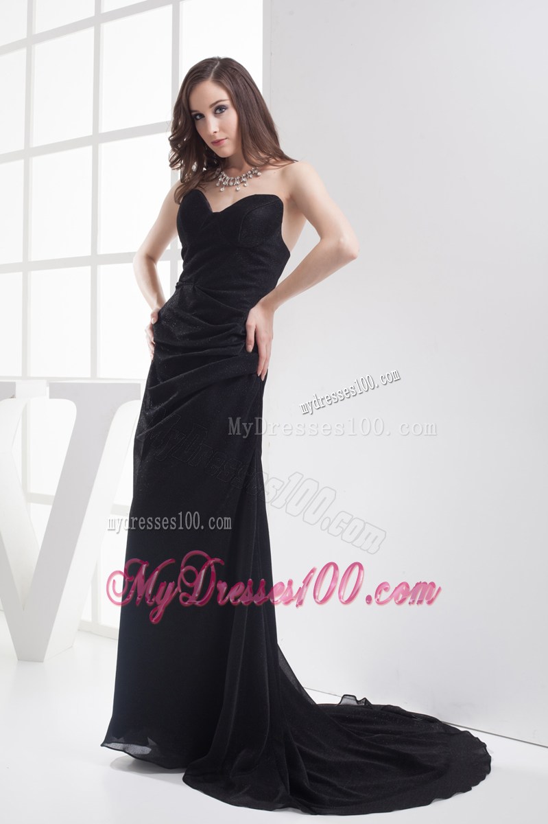 Sweetheart Strapless Black A-line Prom Dresses with Brush Train