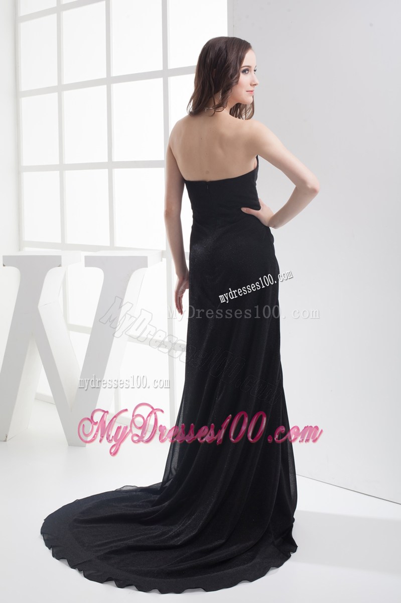 Sweetheart Strapless Black A-line Prom Dresses with Brush Train