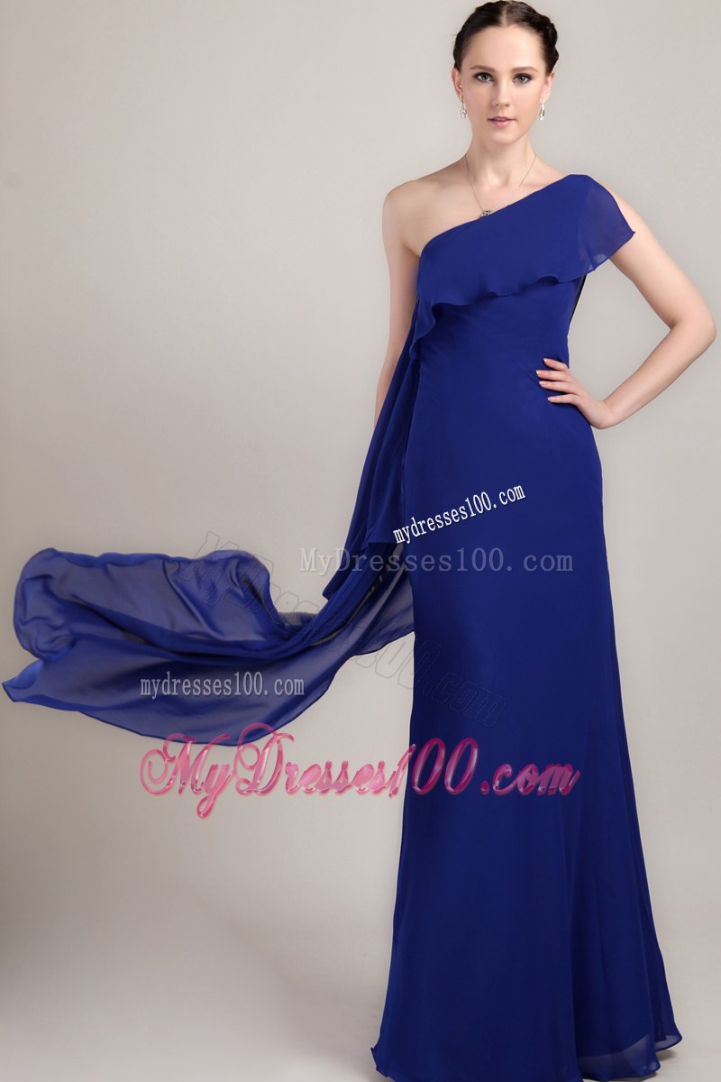 Flounced One Shoulder Blue Dresses for Prom of Floor-length