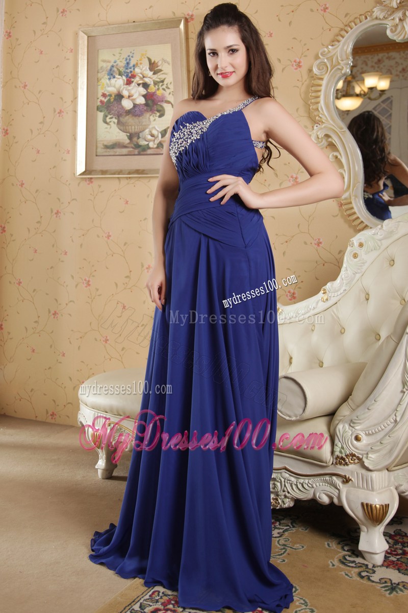 Blue Empire One Shoulder Brush Train Prom Party Dress with Rhinestones