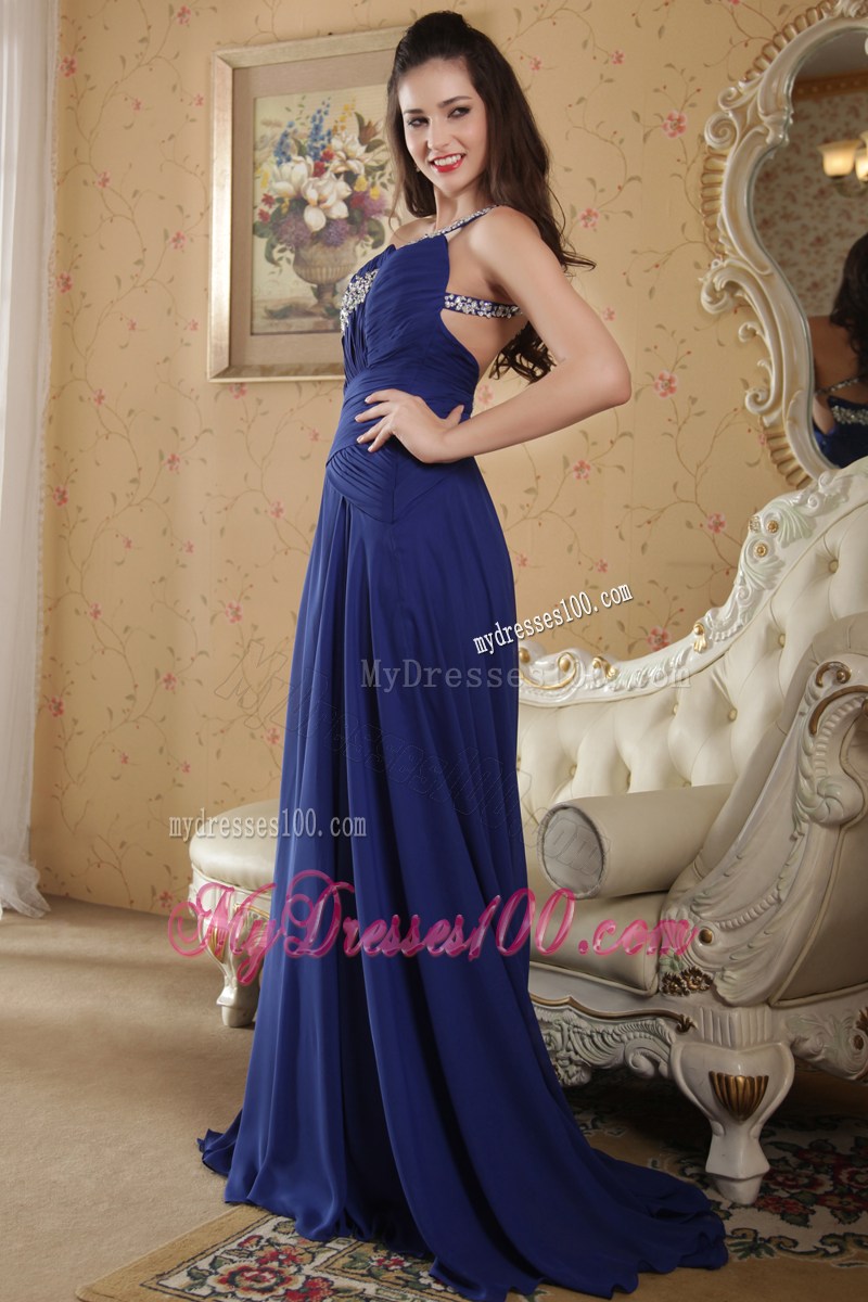 Blue Empire One Shoulder Brush Train Prom Party Dress with Rhinestones