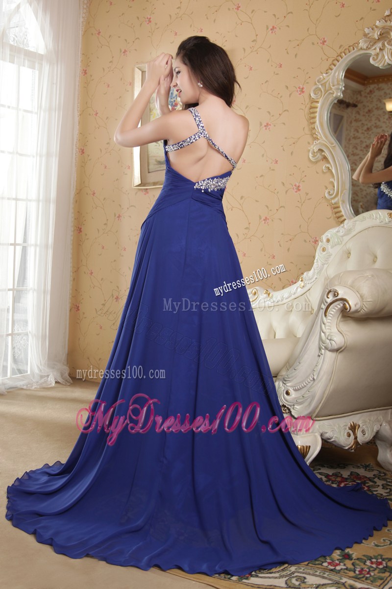 Blue Empire One Shoulder Brush Train Prom Party Dress with Rhinestones