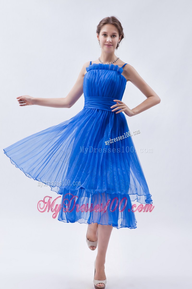 Teal-Length Ruche Decorated Blue Organza Prom Gown Dresses with Straps
