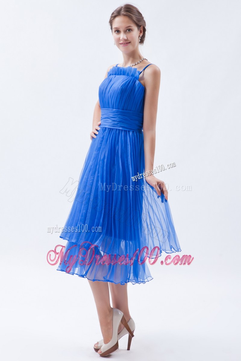 Teal-Length Ruche Decorated Blue Organza Prom Gown Dresses with Straps