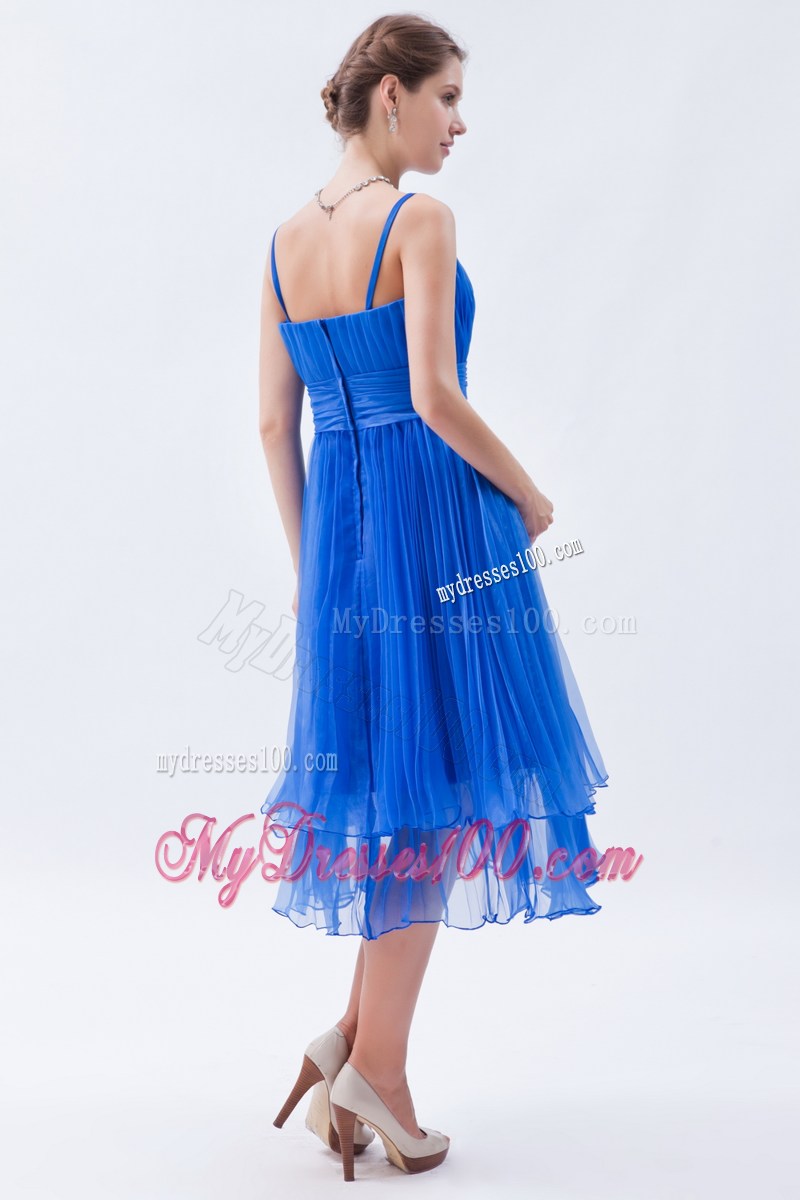 Teal-Length Ruche Decorated Blue Organza Prom Gown Dresses with Straps