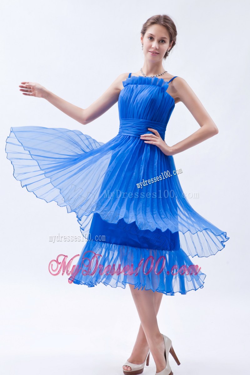 Teal-Length Ruche Decorated Blue Organza Prom Gown Dresses with Straps
